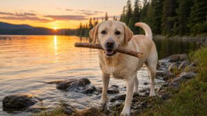 Labrador Retriever amarelo segurando um galho à margem de um lago ao pôr do sol