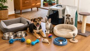 Filhote de cachorro e filhote de gato em uma sala preparada com cama, brinquedos, caixa de transporte e arranhador