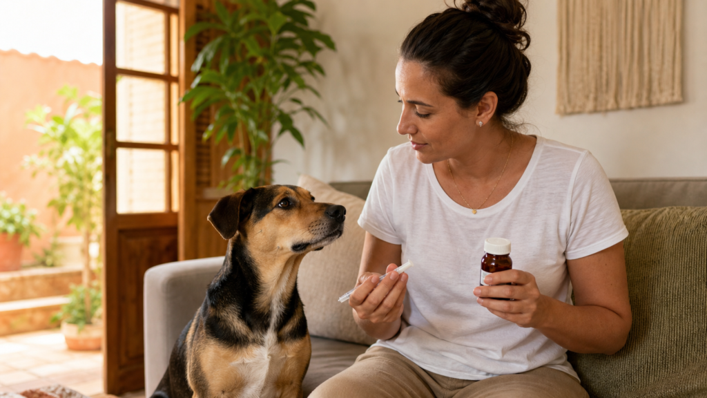 Tutora administrando medicamento líquido com seringa oral a um cachorro em casa, de forma calma e segura