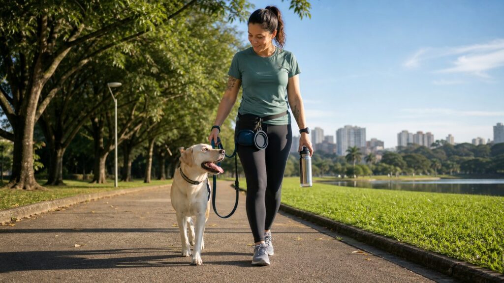 Tutora caminhando com cachorro em parque arborizado, levando água para o passeio em dia quente