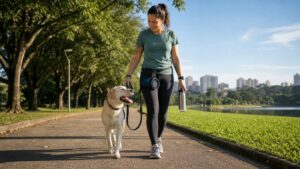 Tutora caminhando com cachorro em parque arborizado, levando água para o passeio em dia quente