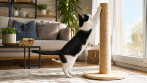 Gato preto e branco usando um arranhador alto de sisal em uma sala iluminada