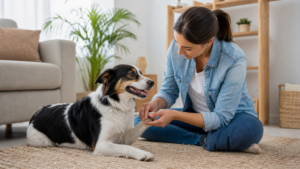 Tutora verificando com cuidado a pata de um cachorro em uma sala iluminada